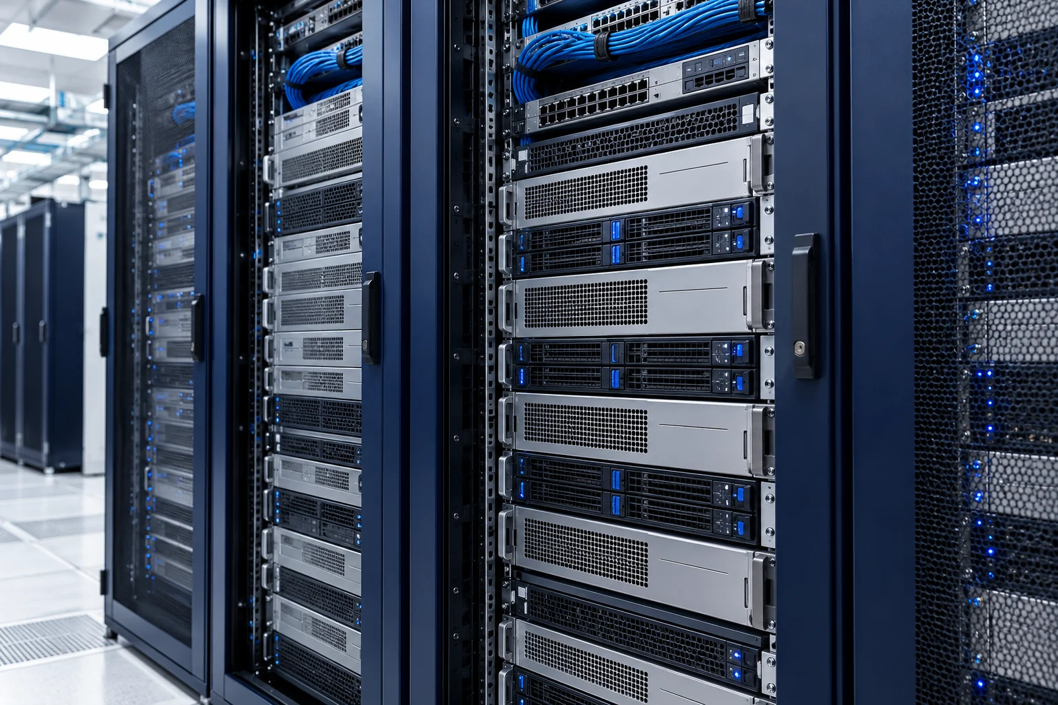 Server cabinets with rack-mounted compute hardware and organized cabling