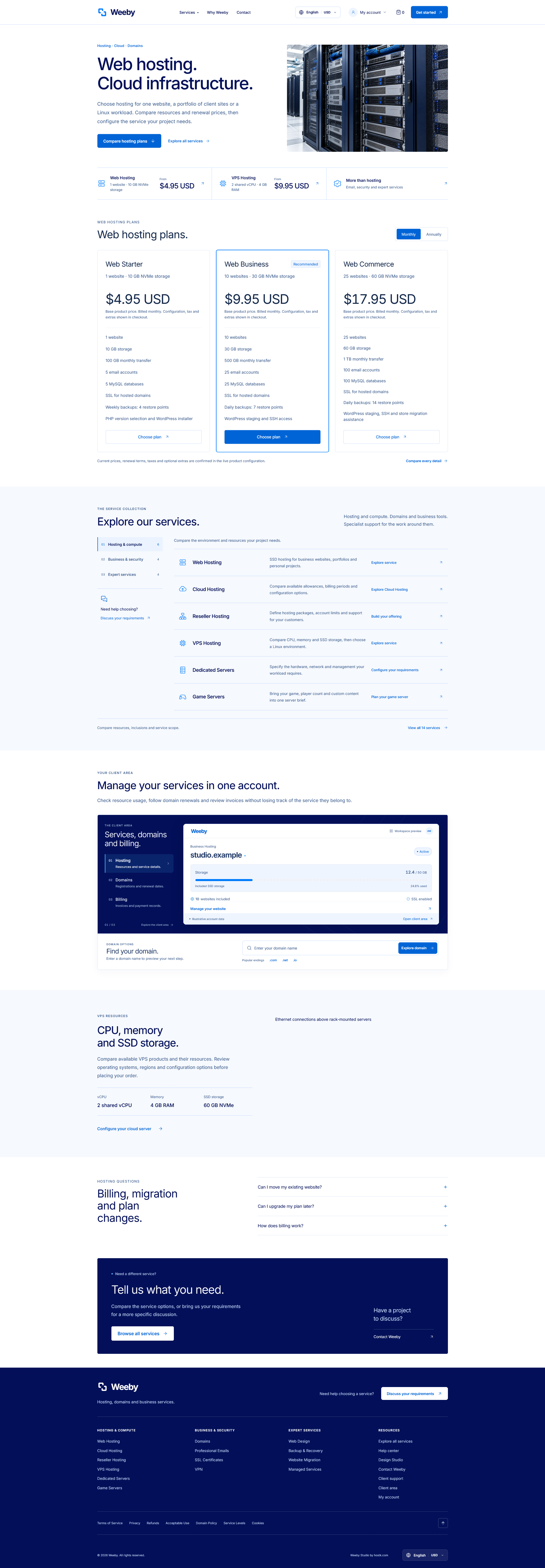 Weeby hosting website with service pages and pricing plans