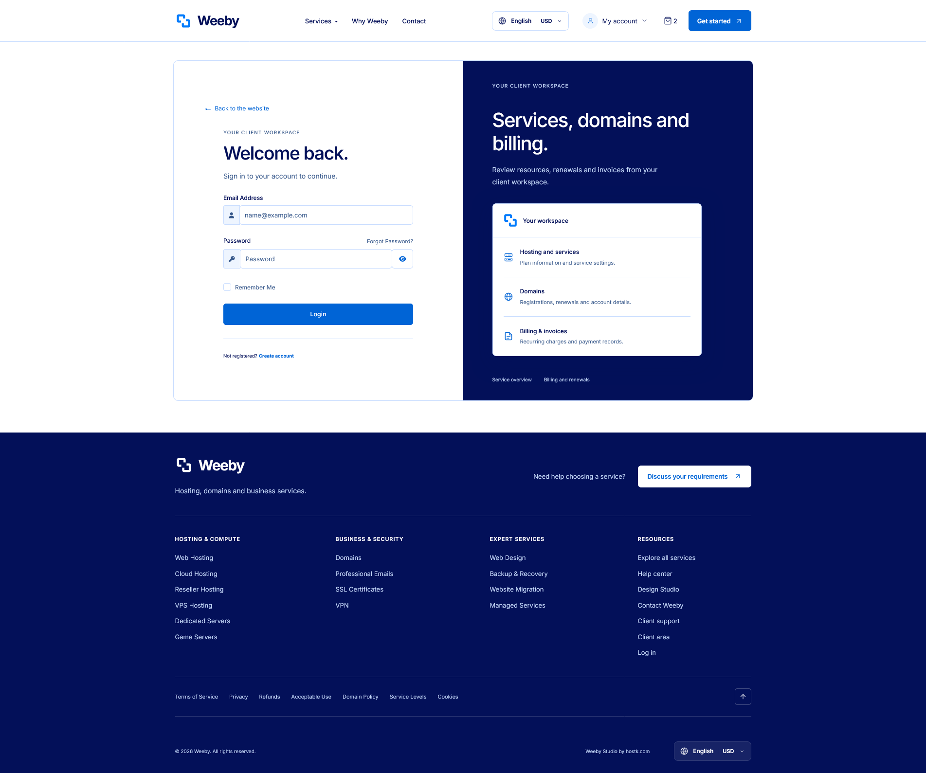 Actual live Weeby customer sign-in page