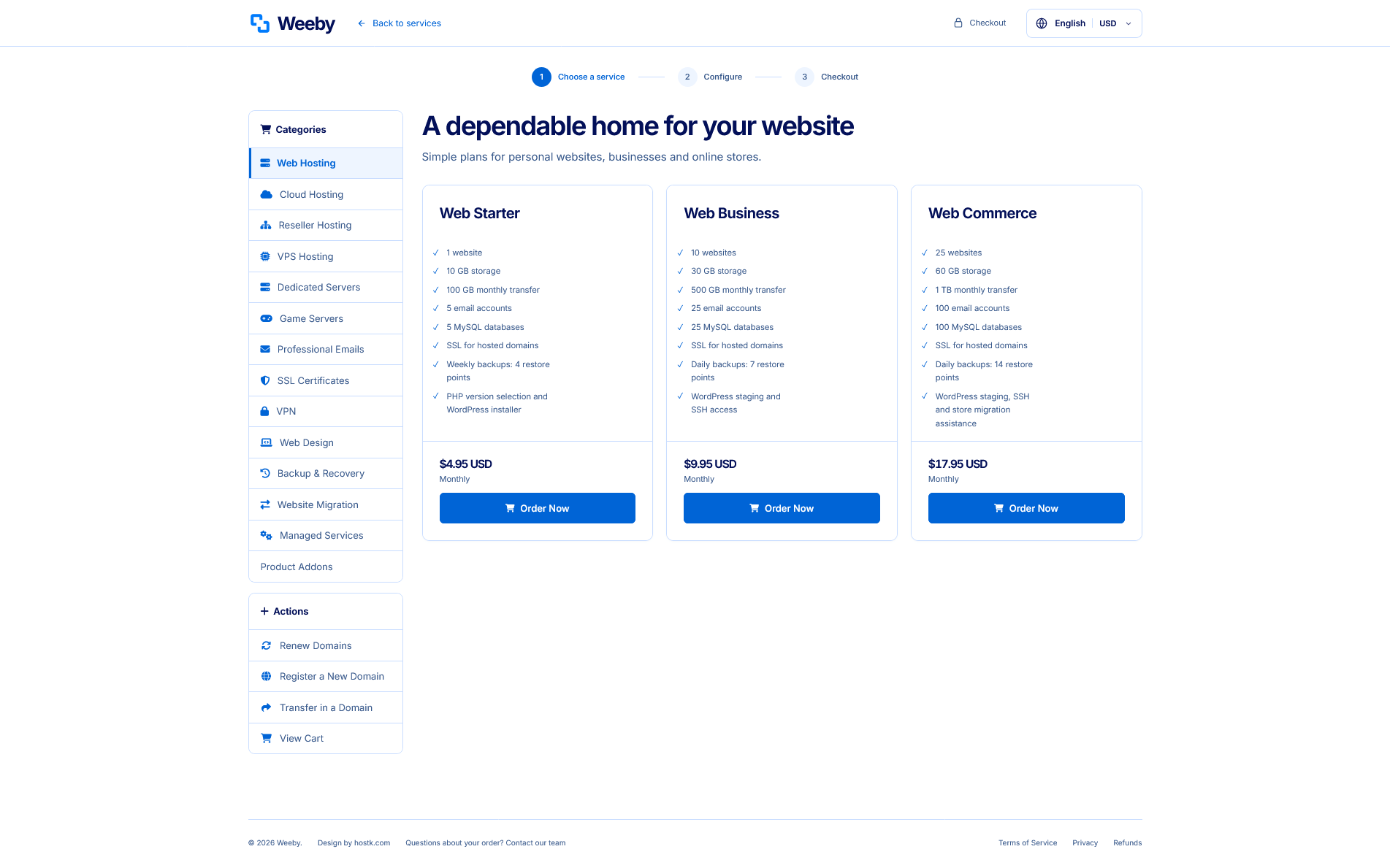 Actual live Weeby product selection orderform
