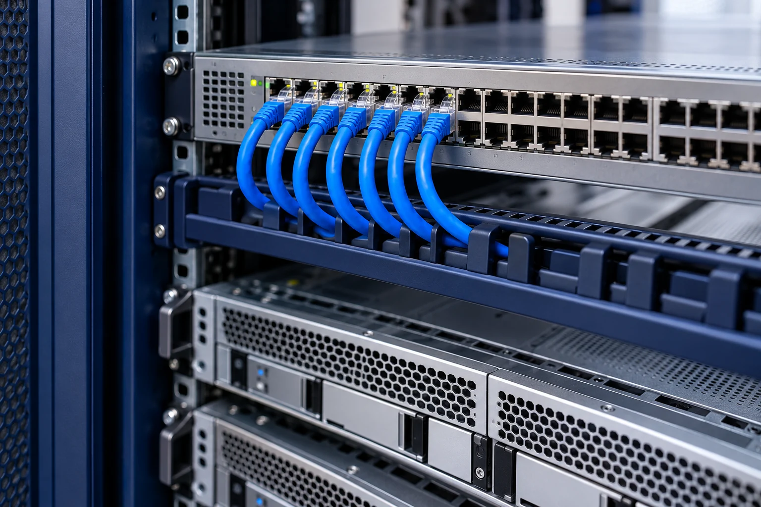 Ethernet connections above rack-mounted servers